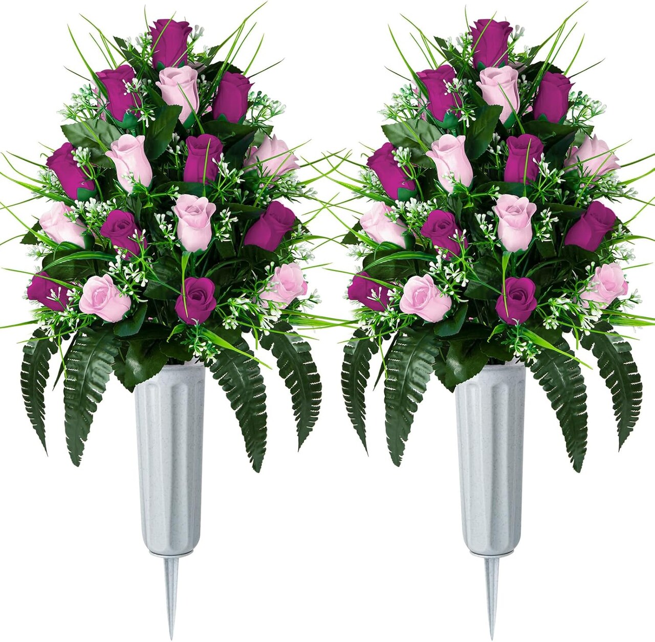 Artificial Cemetery & Memorial Flowers with Vase – Purple & Pink Silk Rose Gravesite Bouquets, Outdoor Headstone Decoration, Long-Lasting Memorial Arrangement (2 Sets)